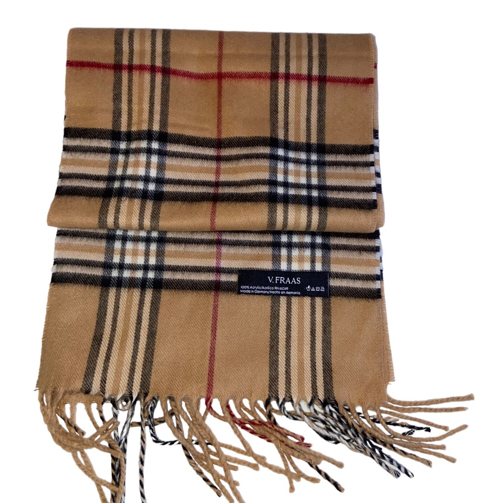 V. Fraas Tan Plaid Scarf Fringe Unisex Mens Womens Made in Germany Soft Acrylic